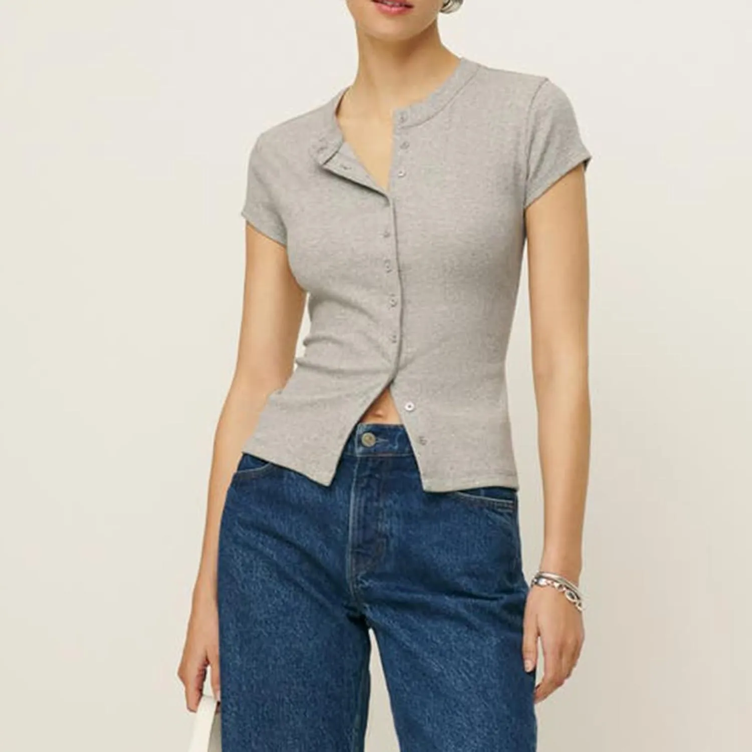 Womens Short Sleeve Button Up Slim Tshirt Crewneck Button Down Ribbed Knit Cardigan Tee Going Out Basic Dressy Tops