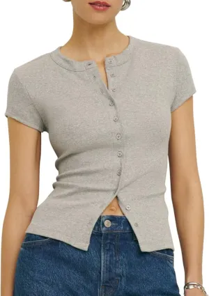 Womens Short Sleeve Button Up Slim Tshirt Crewneck Button Down Ribbed Knit Cardigan Tee Going Out Basic Dressy Tops