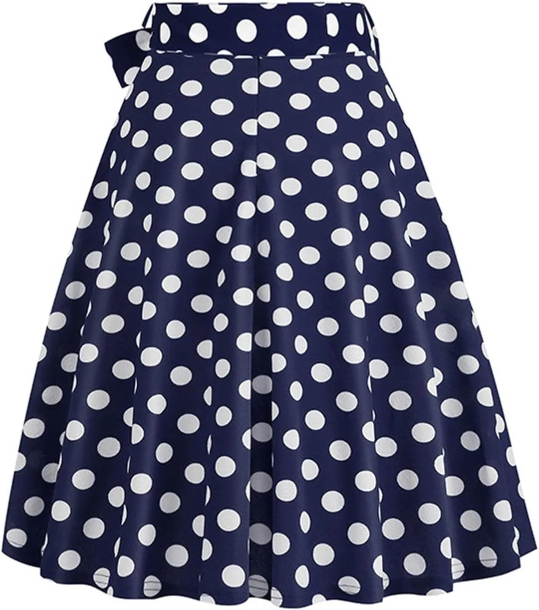 Women's Skirts Summer High Waist a-Line Casual Midi Dress Slim Fit Polka Dot Ruffle Bandage Flared Bohemian Skirt