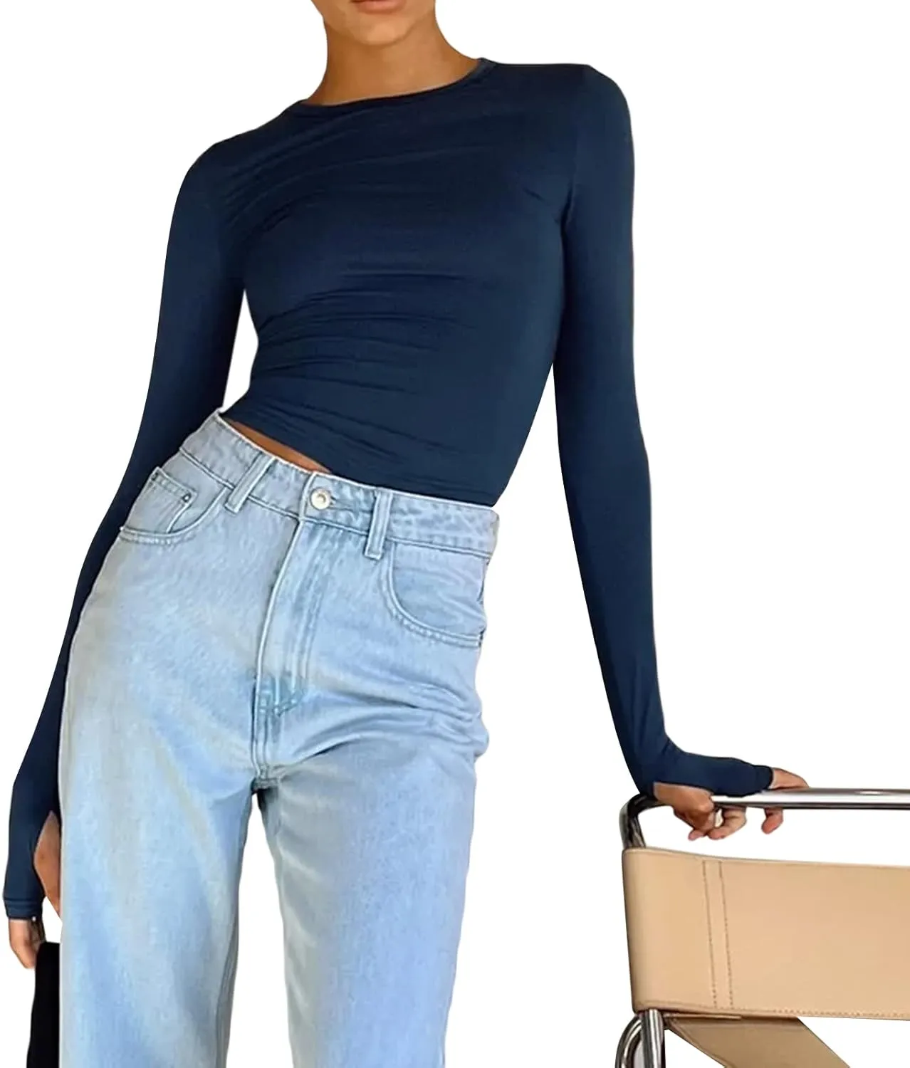Women's Slim Fit Going Out Crop Tops Casual Solid Color Crew Neck Long Sleeve Tight Tee Shirt Basic Streetwear