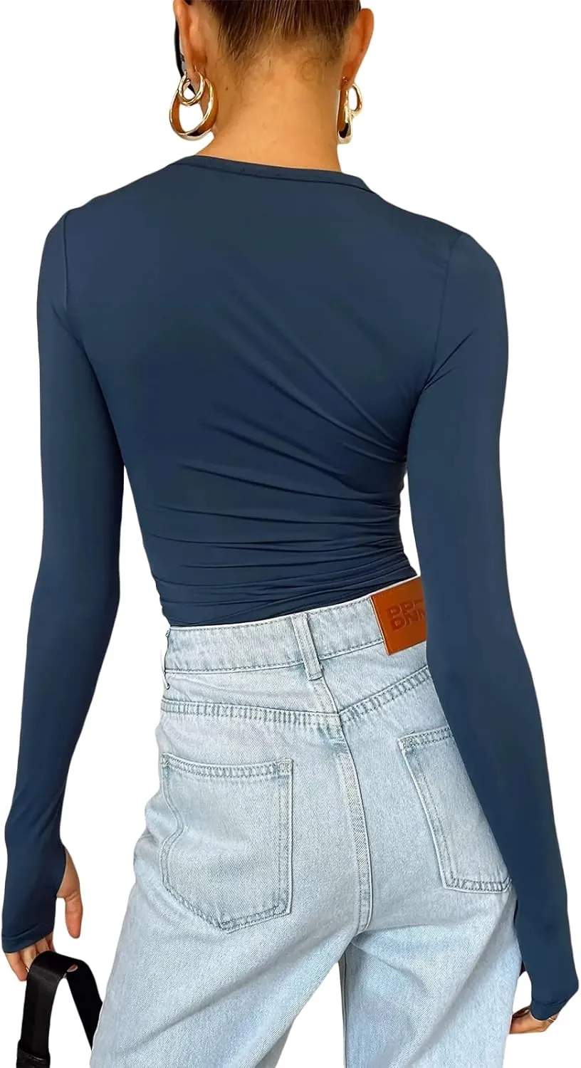 Women's Slim Fit Going Out Crop Tops Casual Solid Color Crew Neck Long Sleeve Tight Tee Shirt Basic Streetwear