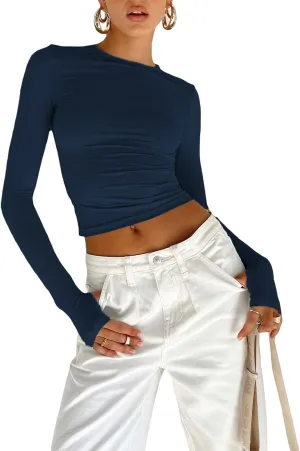 Women's Slim Fit Going Out Crop Tops Casual Solid Color Crew Neck Long Sleeve Tight Tee Shirt Basic Streetwear