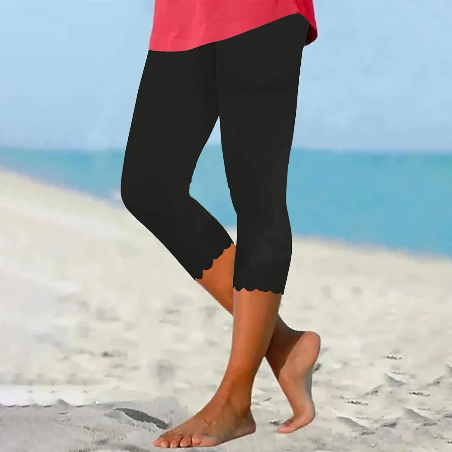 Womens Summer Casual Capri Pants Elastic High Waist Cropped Trousers Slim Fit Straight Leg Joggers Workout Yoga