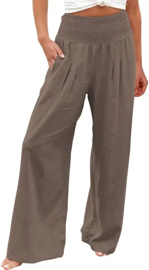 Women's Summer Casual High Waist Stretchy Wide-Leg Trousers with Pockets Cotton Linen Loose Fit Palazzo Pants