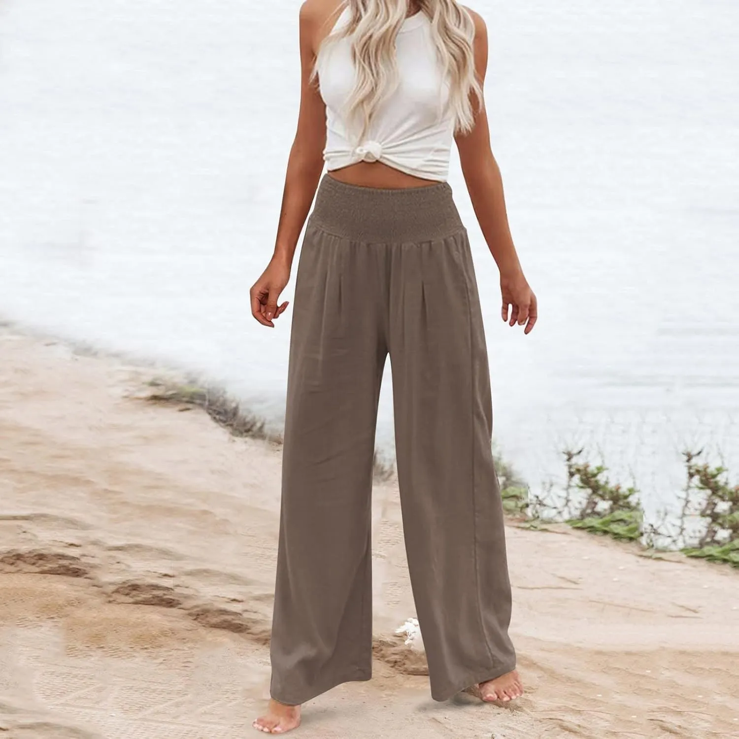 Women's Summer Casual High Waist Stretchy Wide-Leg Trousers with Pockets Cotton Linen Loose Fit Palazzo Pants