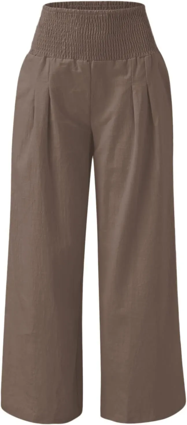 Women's Summer Casual High Waist Stretchy Wide-Leg Trousers with Pockets Cotton Linen Loose Fit Palazzo Pants