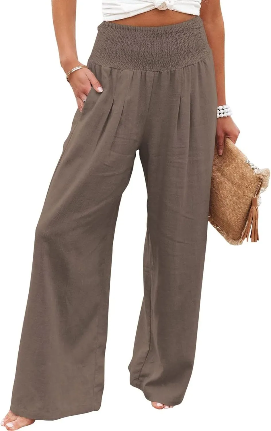 Women's Summer Casual High Waist Stretchy Wide-Leg Trousers with Pockets Cotton Linen Loose Fit Palazzo Pants