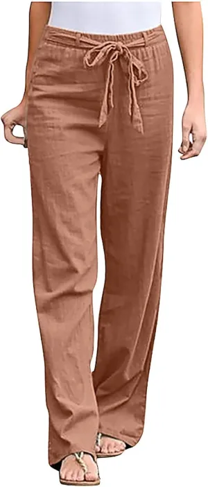 Women's Summer Palazzo Pants - Linen Wide Leg Pants for Women with Pockets Drawstring Casual Vacation Outfits