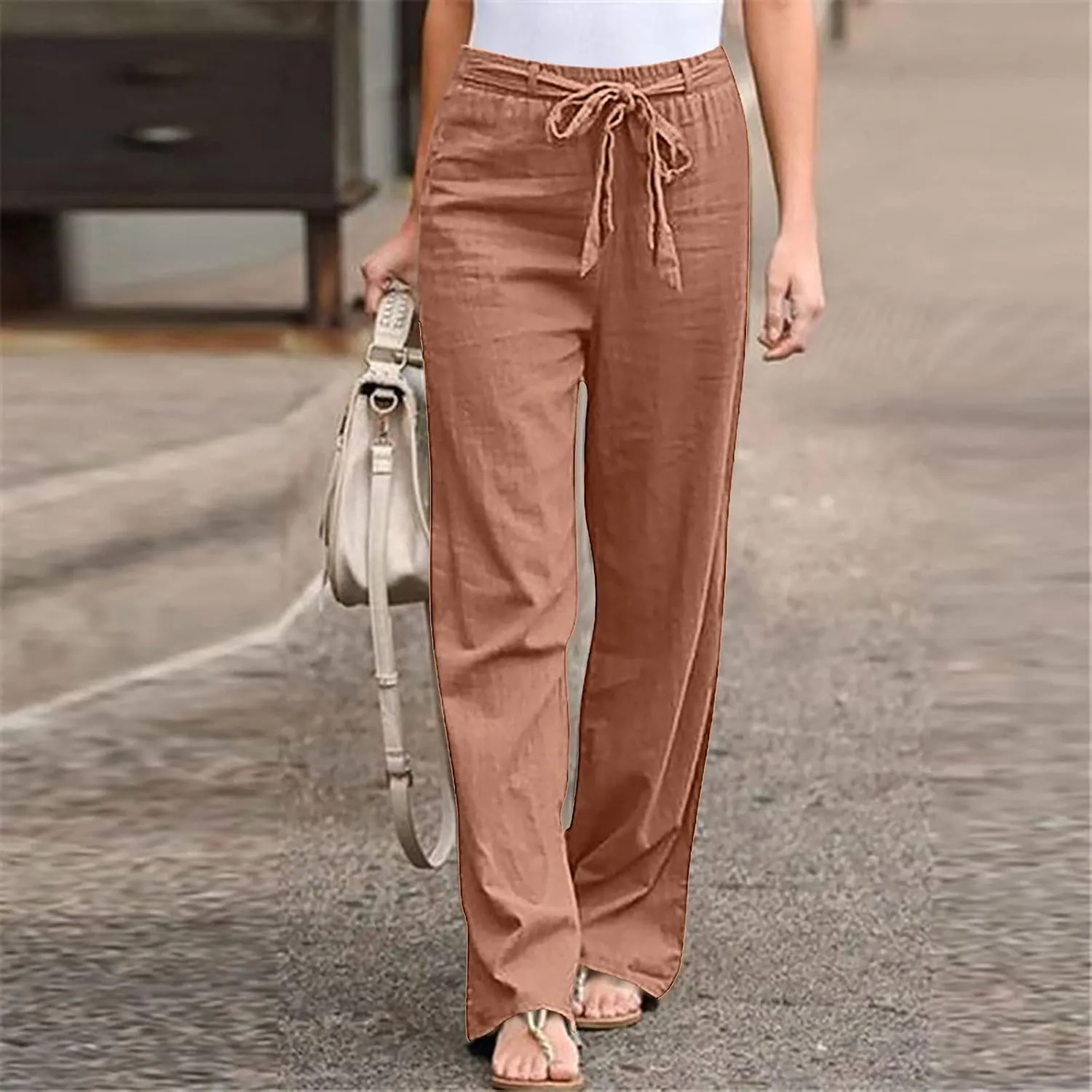 Women's Summer Palazzo Pants - Linen Wide Leg Pants for Women with Pockets Drawstring Casual Vacation Outfits