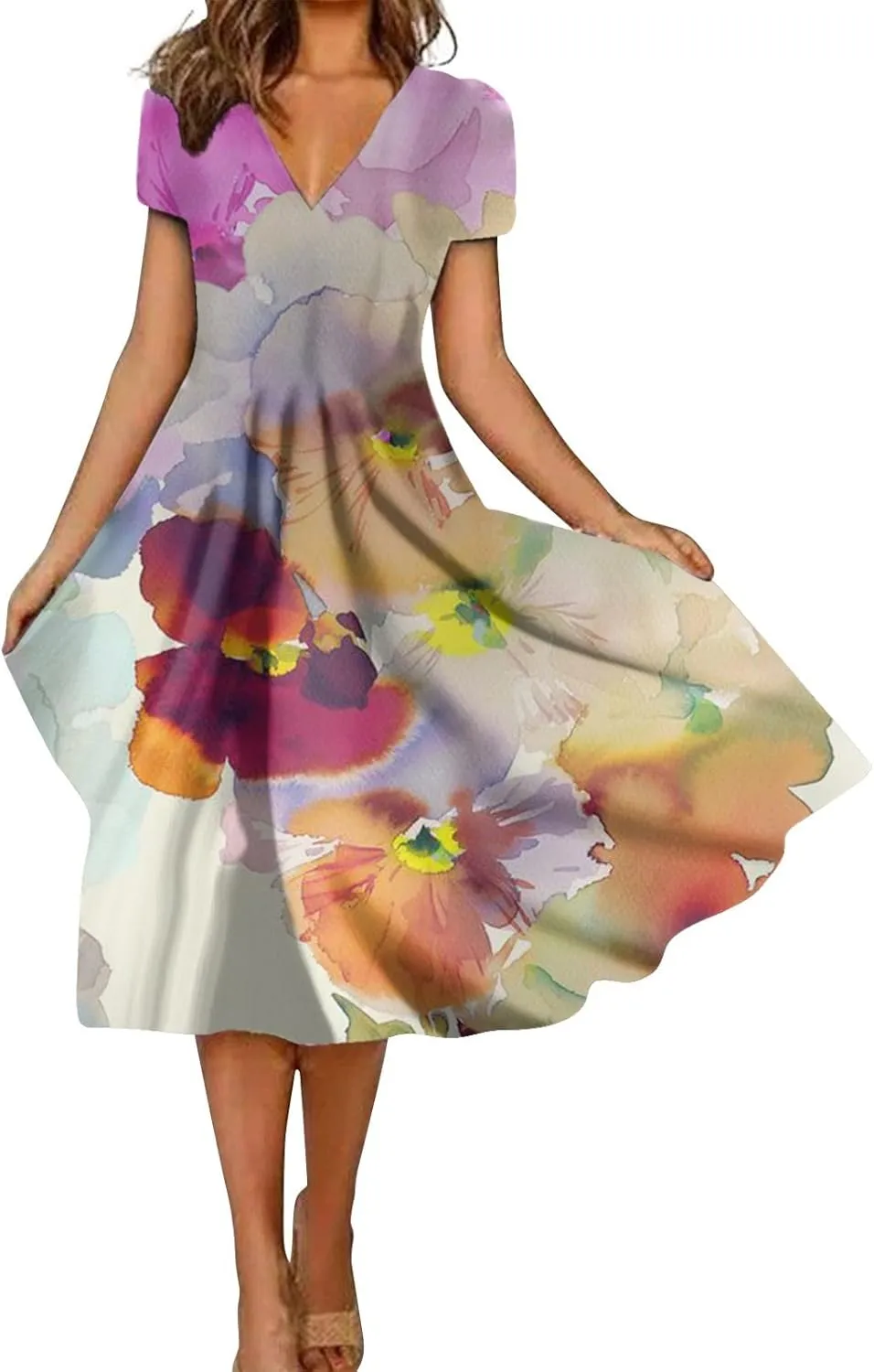 Womens Summer Wrap Maxi Dress Boho Floral V Neck Short Sleeve Long Dress Cute Ruffle Hem High Waist A-Line Dress