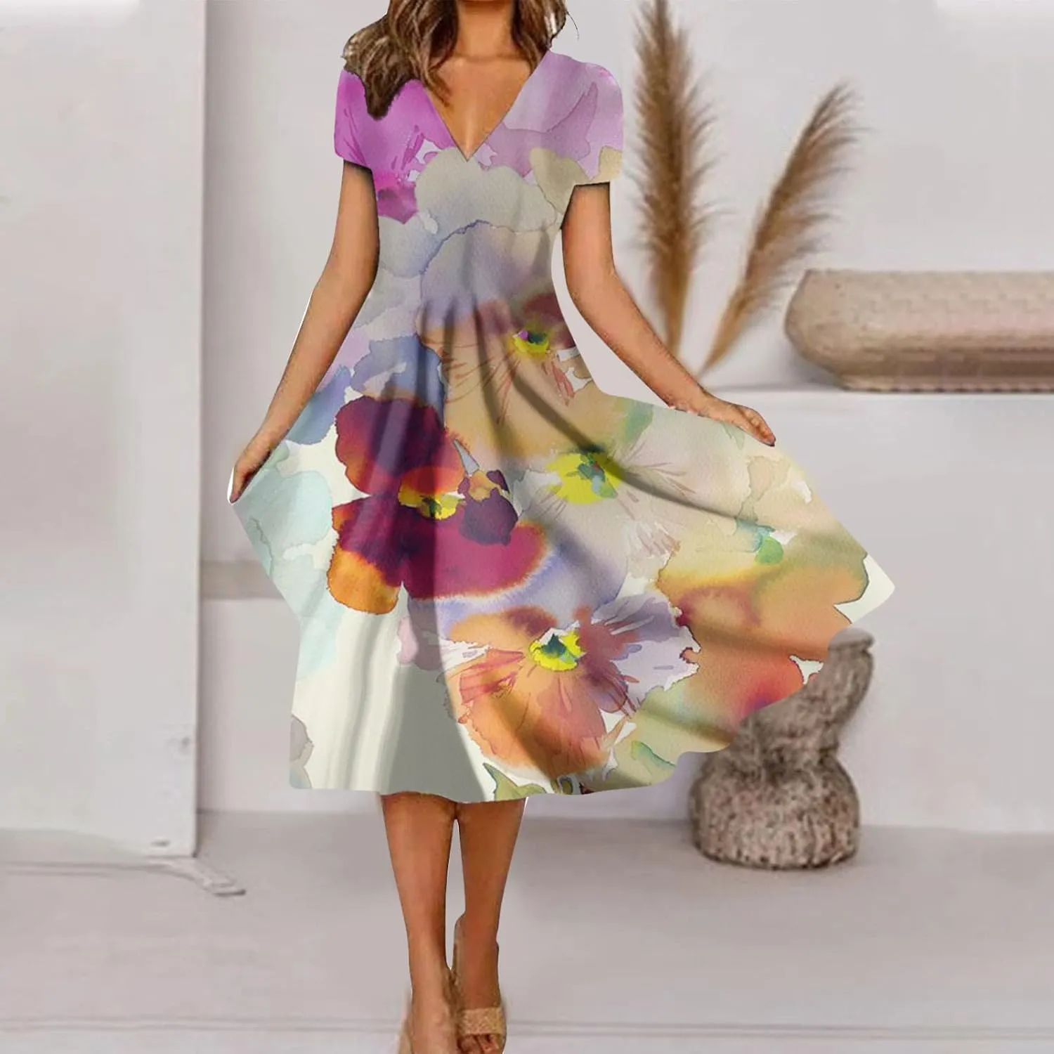 Womens Summer Wrap Maxi Dress Boho Floral V Neck Short Sleeve Long Dress Cute Ruffle Hem High Waist A-Line Dress