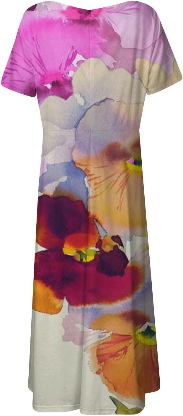Womens Summer Wrap Maxi Dress Boho Floral V Neck Short Sleeve Long Dress Cute Ruffle Hem High Waist A-Line Dress