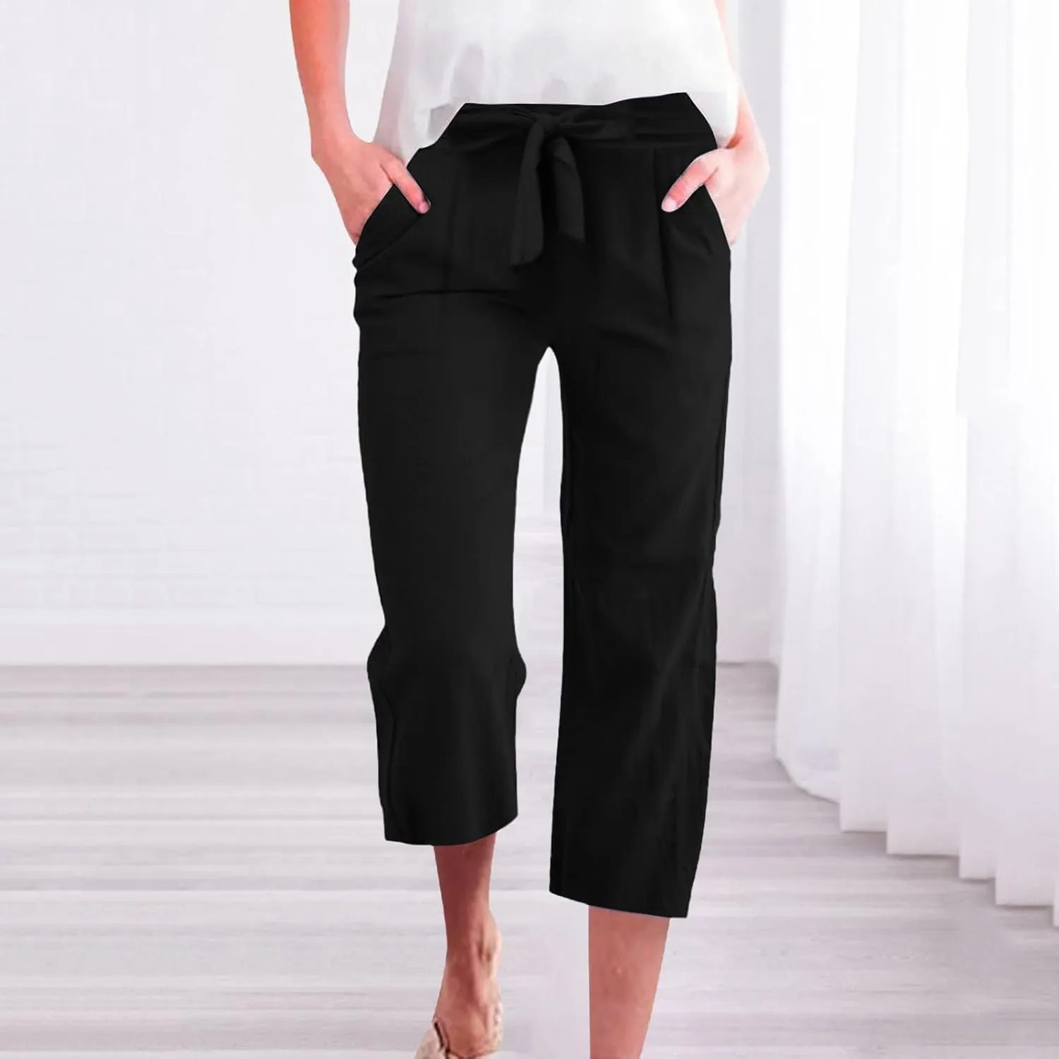 Womens Sweatpants,Women's Pants with Pockets Low Rise Capris Pockets Petite Work Straight Leg Linen Cotton