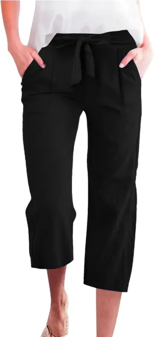 Womens Sweatpants,Women's Pants with Pockets Low Rise Capris Pockets Petite Work Straight Leg Linen Cotton