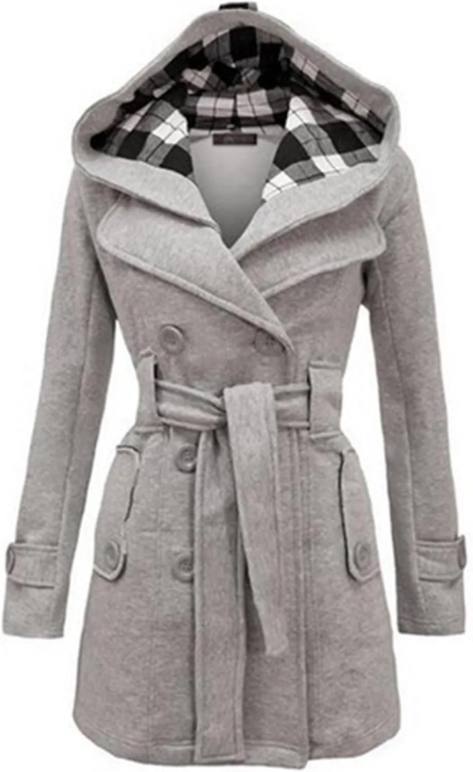 Womens Trench Coats Fall Winter Double Breasted Mid-Length Overcoat Lapel Button Down Peacoat Outerwear With Belt