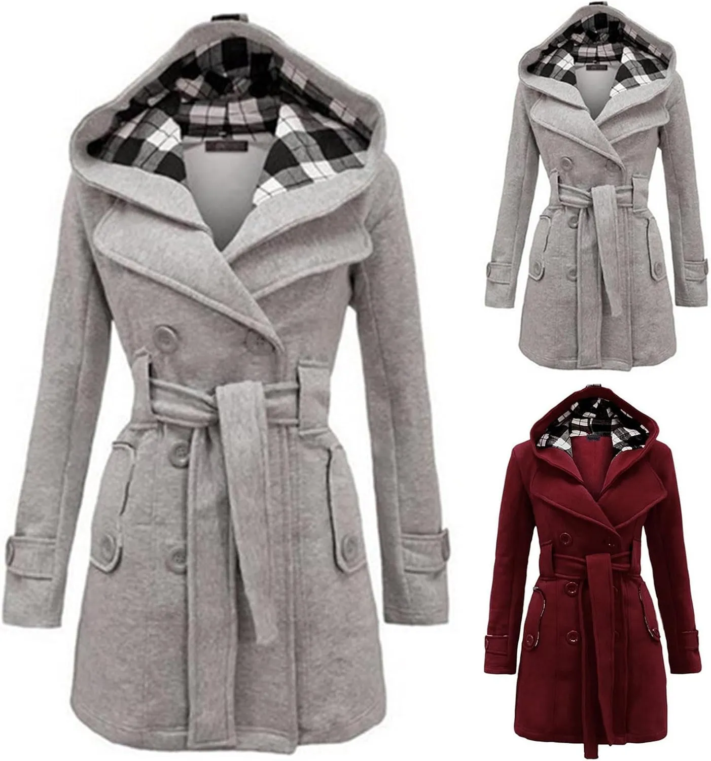 Womens Trench Coats Fall Winter Double Breasted Mid-Length Overcoat Lapel Button Down Peacoat Outerwear With Belt