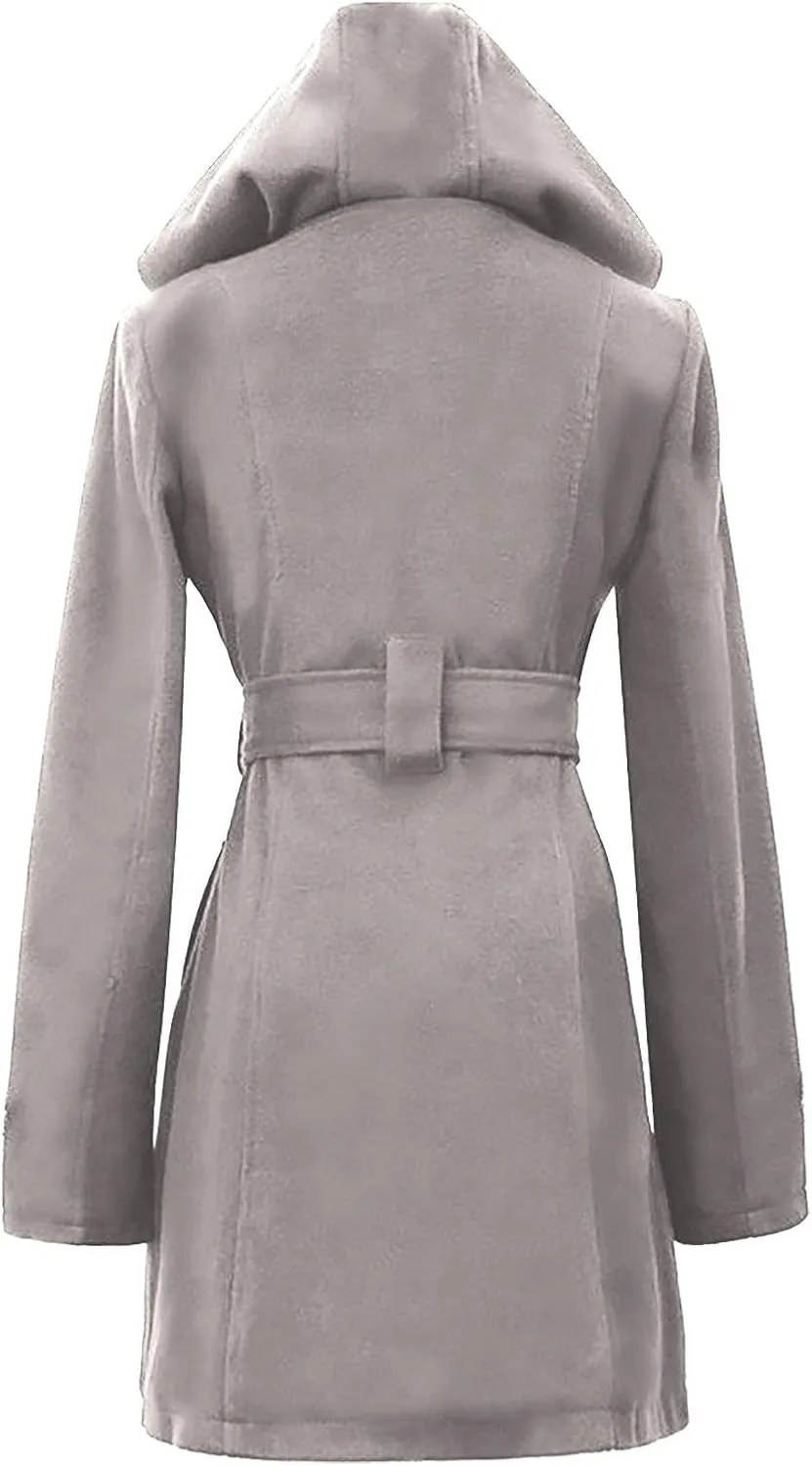 Womens Trench Coats Fall Winter Double Breasted Mid-Length Overcoat Lapel Button Down Peacoat Outerwear With Belt