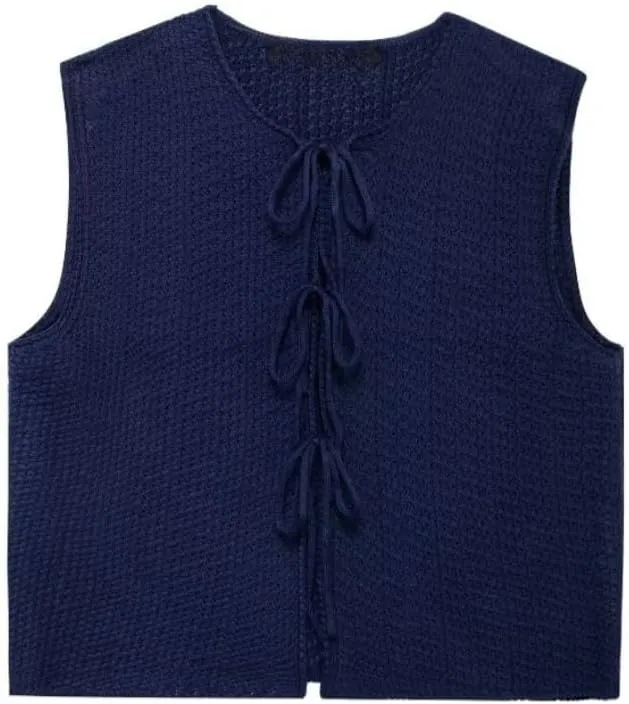 Women's Trendy Tie Front Vest Top Casual Crochet Sweater Vest Sleeveless Crew Neck Open Front Knit Y2k Cardigan
