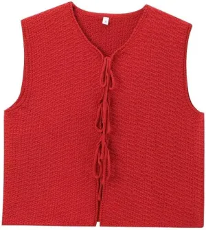 Women's Trendy Tie Front Vest Top Casual Crochet Sweater Vest Sleeveless Crew Neck Open Front Knit Y2k Cardigan