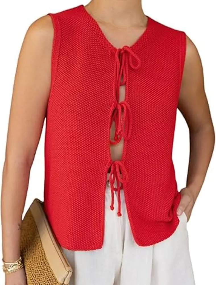 Women's Trendy Tie Front Vest Top Casual Crochet Sweater Vest Sleeveless Crew Neck Open Front Knit Y2k Cardigan