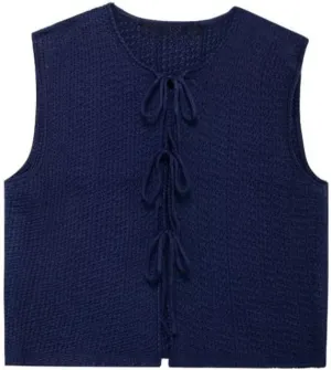 Women's Trendy Tie Front Vest Top Casual Crochet Sweater Vest Sleeveless Crew Neck Open Front Knit Y2k Cardigan