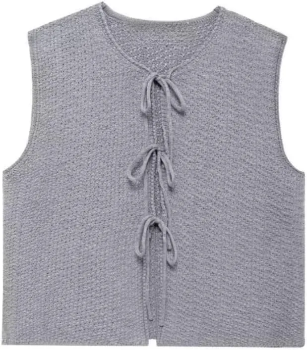 Women's Trendy Tie Front Vest Top Casual Crochet Sweater Vest Sleeveless Crew Neck Open Front Knit Y2k Cardigan