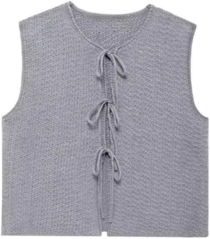 Women's Trendy Tie Front Vest Top Casual Crochet Sweater Vest Sleeveless Crew Neck Open Front Knit Y2k Cardigan