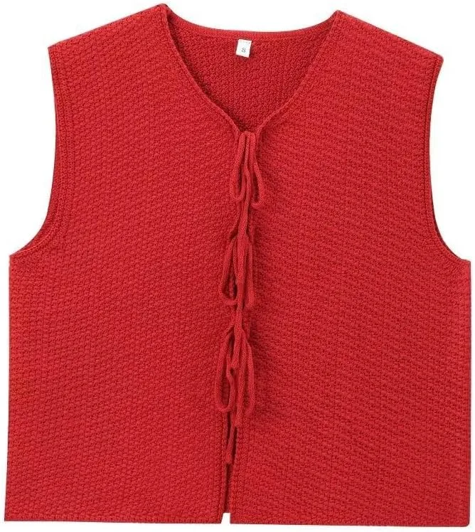 Women's Trendy Tie Front Vest Top Casual Crochet Sweater Vest Sleeveless Crew Neck Open Front Knit Y2k Cardigan
