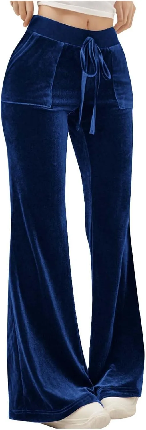 Womens Velvet Pants Low Rise Flare Pants Velour Bell Bottoms Vintage Palazzo Pants with Pockets Trendy Streetwear
