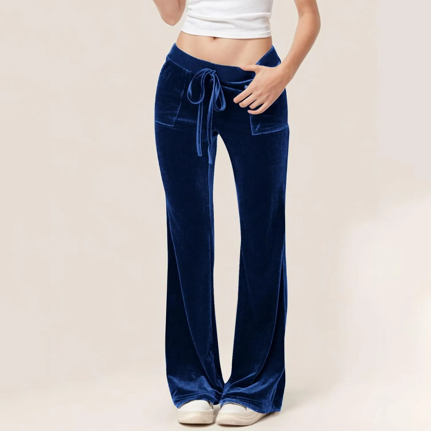 Womens Velvet Pants Low Rise Flare Pants Velour Bell Bottoms Vintage Palazzo Pants with Pockets Trendy Streetwear