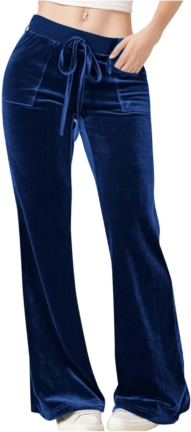 Womens Velvet Pants Low Rise Flare Pants Velour Bell Bottoms Vintage Palazzo Pants with Pockets Trendy Streetwear