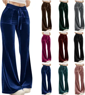 Womens Velvet Pants Low Rise Flare Pants Velour Bell Bottoms Vintage Palazzo Pants with Pockets Trendy Streetwear