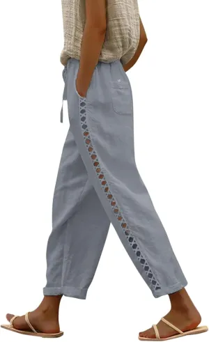 Womens Wide Leg Crop Pants Casual Drawstring Baggy Loose Linen Pants with Pockets Plus Size HIgh Waist Linen Pants