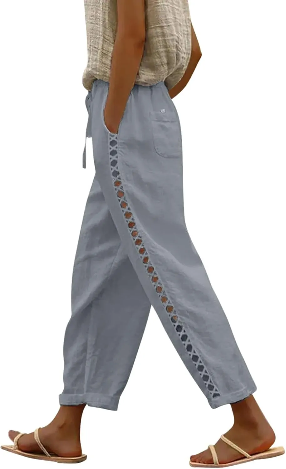 Womens Wide Leg Crop Pants Casual Drawstring Baggy Loose Linen Pants with Pockets Plus Size HIgh Waist Linen Pants