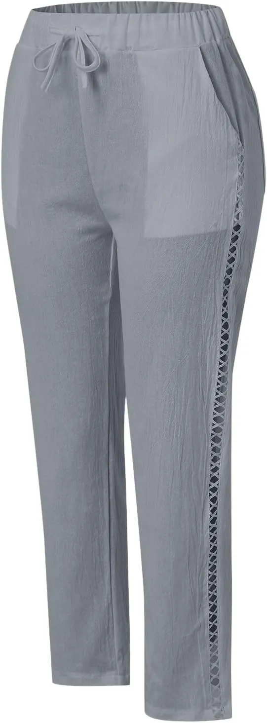 Womens Wide Leg Crop Pants Casual Drawstring Baggy Loose Linen Pants with Pockets Plus Size HIgh Waist Linen Pants