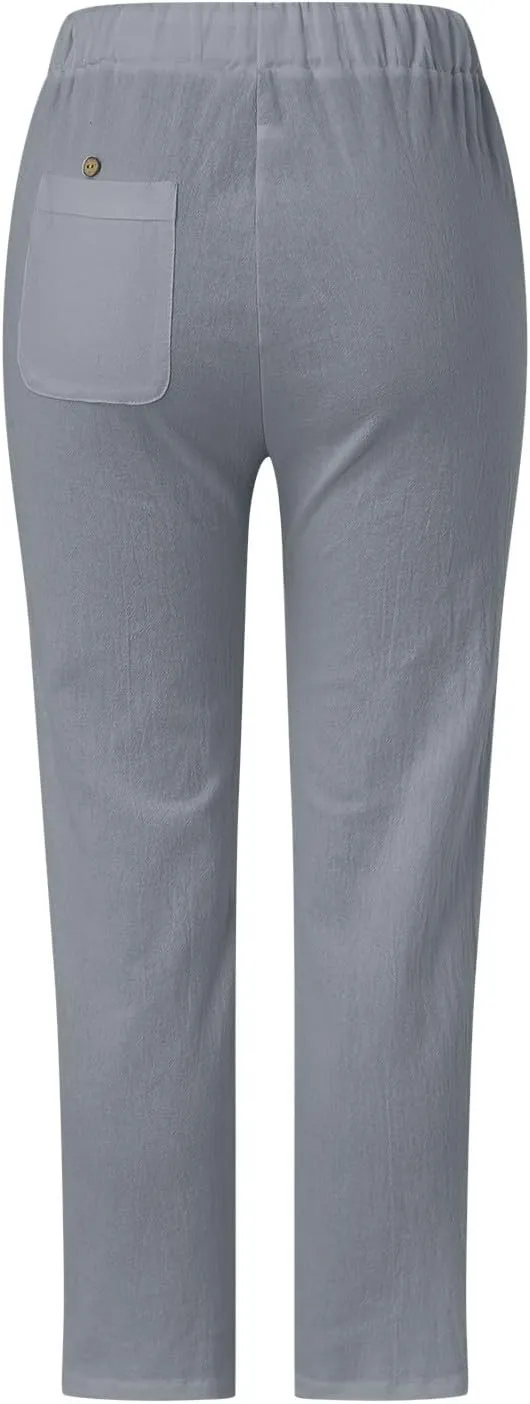 Womens Wide Leg Crop Pants Casual Drawstring Baggy Loose Linen Pants with Pockets Plus Size HIgh Waist Linen Pants