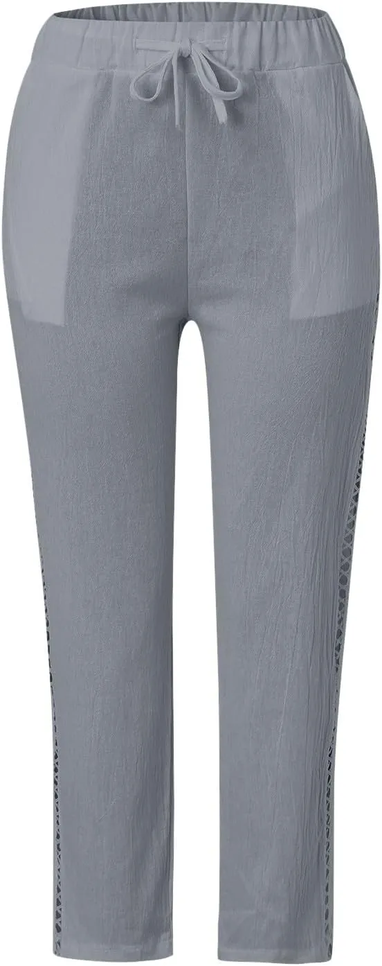 Womens Wide Leg Crop Pants Casual Drawstring Baggy Loose Linen Pants with Pockets Plus Size HIgh Waist Linen Pants