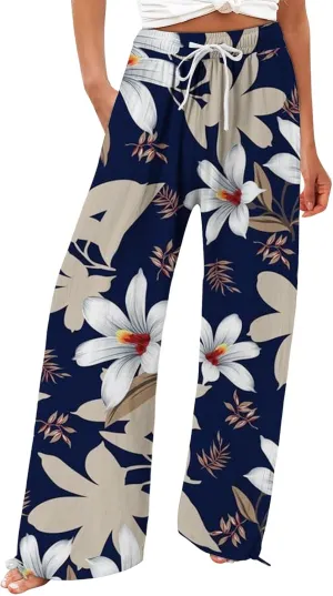 Women's Wide Leg Pants Womens Cotton Casual Loose Pants Comfy Work Pants with Pockets Elastic High Waist Paper Bag