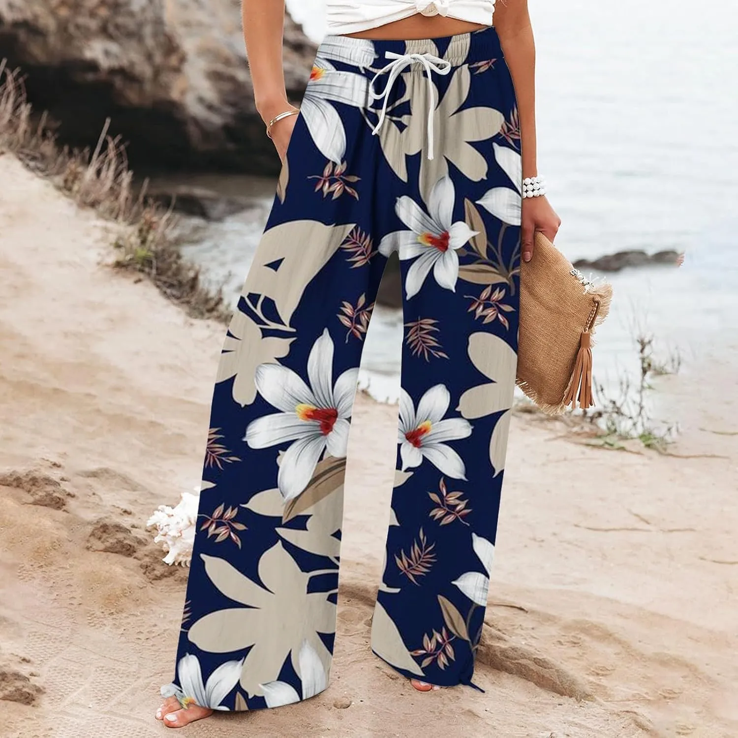 Women's Wide Leg Pants Womens Cotton Casual Loose Pants Comfy Work Pants with Pockets Elastic High Waist Paper Bag