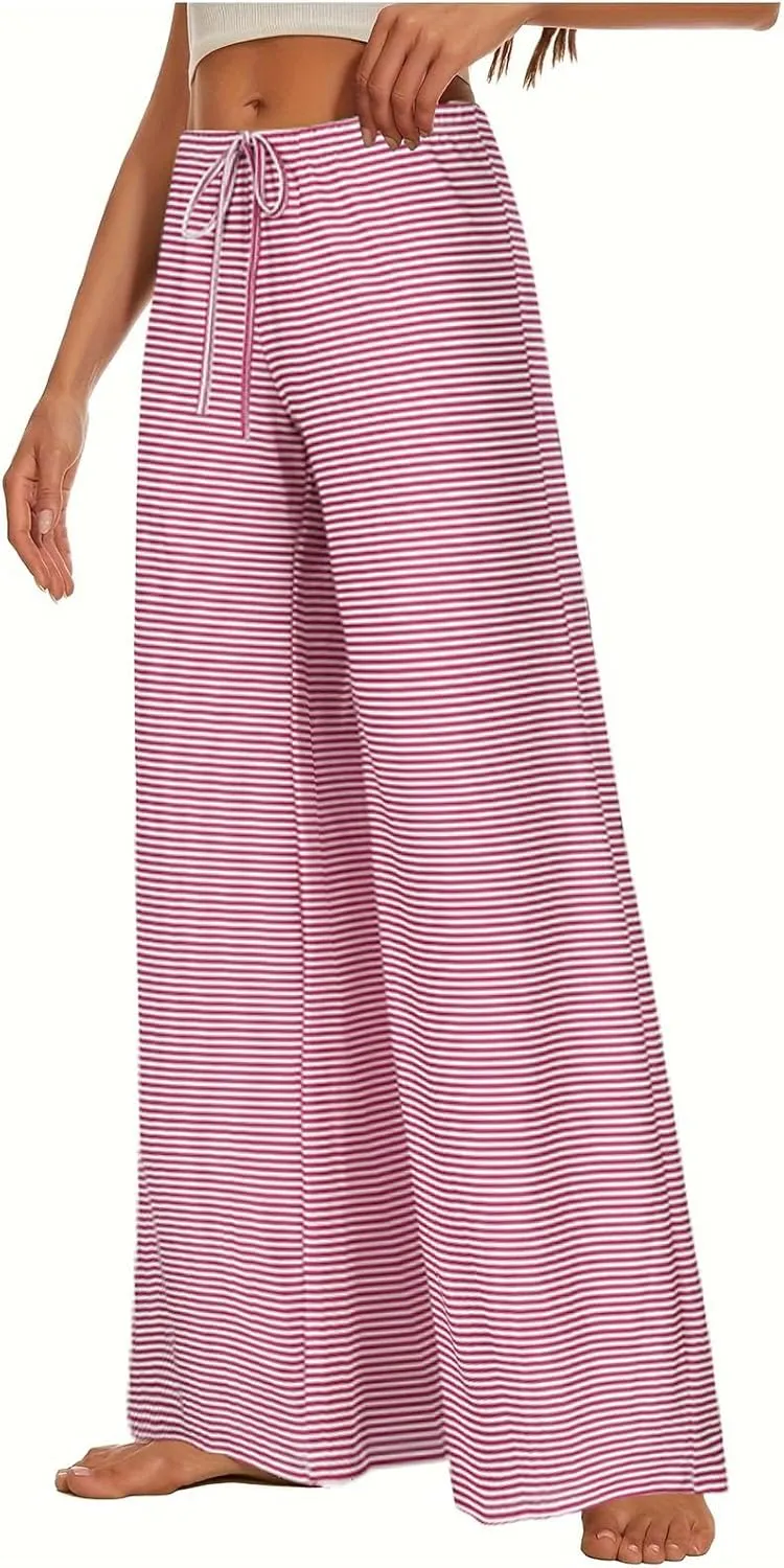 Women's Wide Leg Striped Pajama Pants Casual Elastic Waist Lounge Pants Stretch Pajama Bottoms Trousers