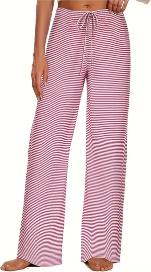 Women's Wide Leg Striped Pajama Pants Casual Elastic Waist Lounge Pants Stretch Pajama Bottoms Trousers