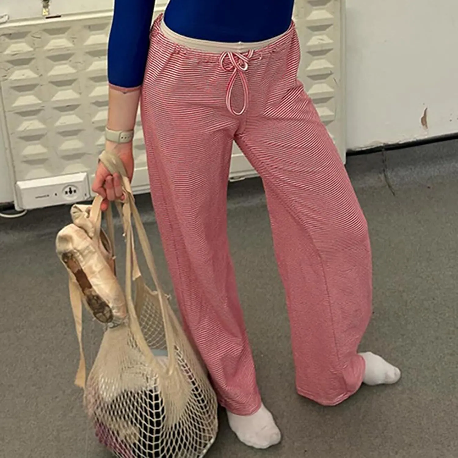 Women's Wide Leg Striped Pajama Pants Casual Elastic Waist Lounge Pants Stretch Pajama Bottoms Trousers