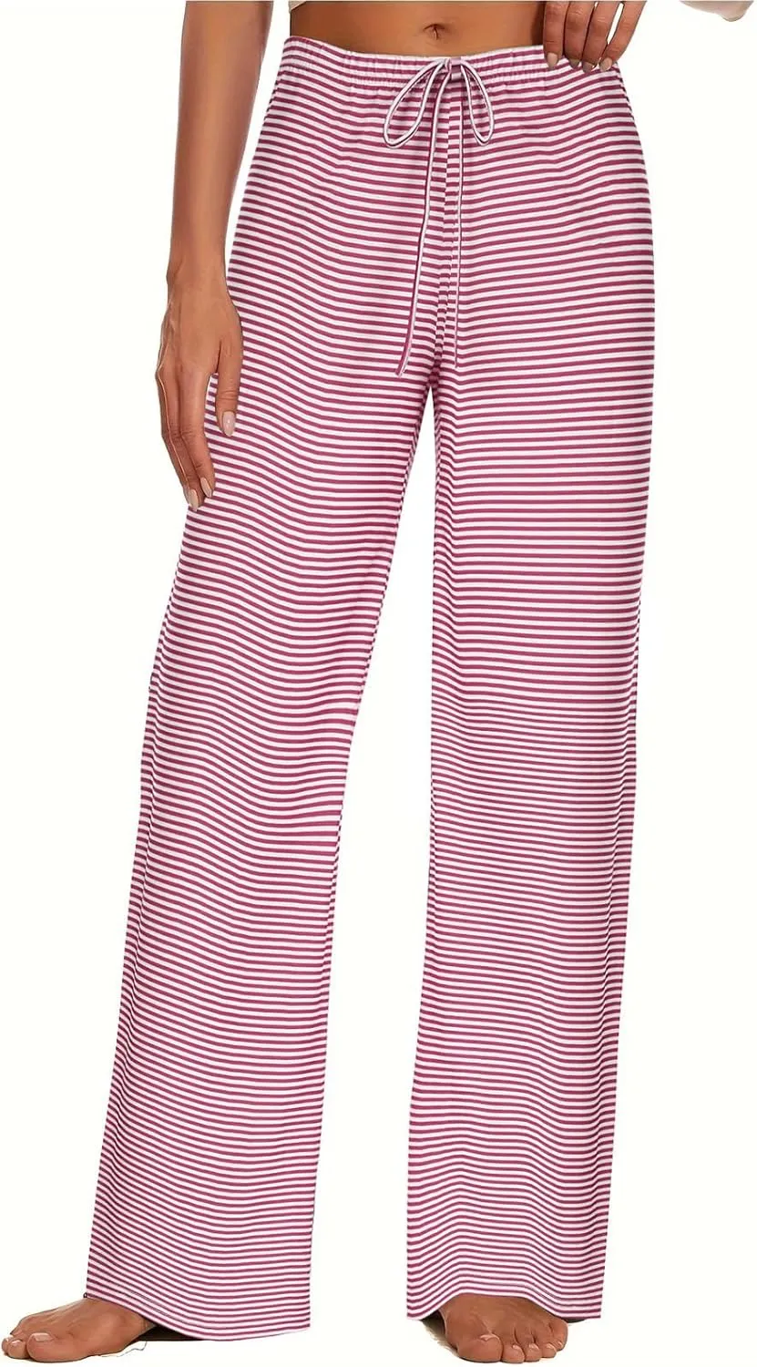 Women's Wide Leg Striped Pajama Pants Casual Elastic Waist Lounge Pants Stretch Pajama Bottoms Trousers