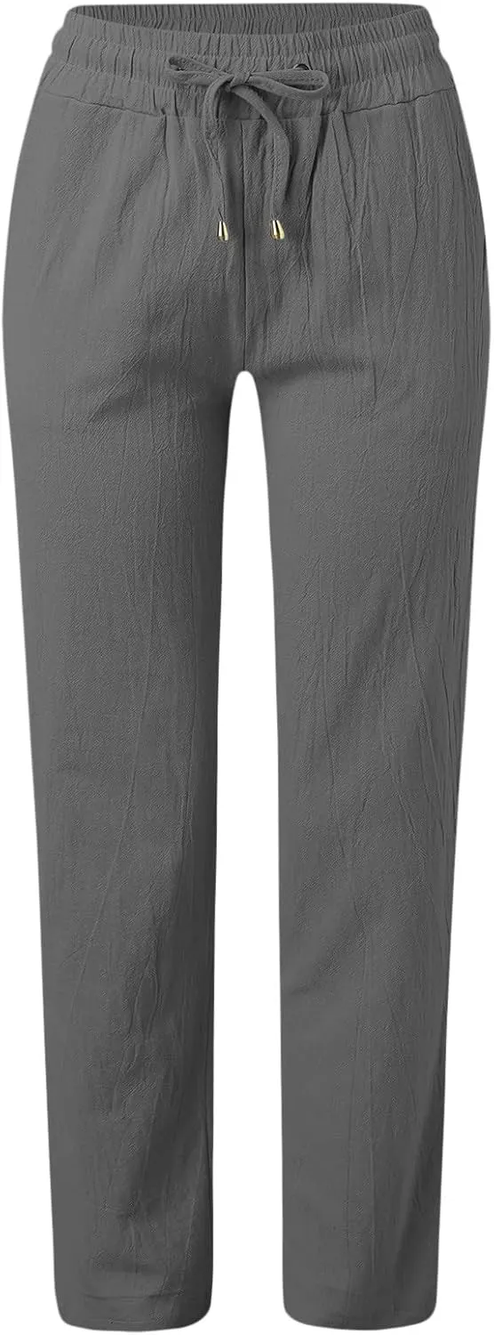 Womens Wide Leg Trousers Yoga Pants for Women Linen Flowy Beach Pants Casual Dressy Cotton Drawstring Pants Summer Outfits