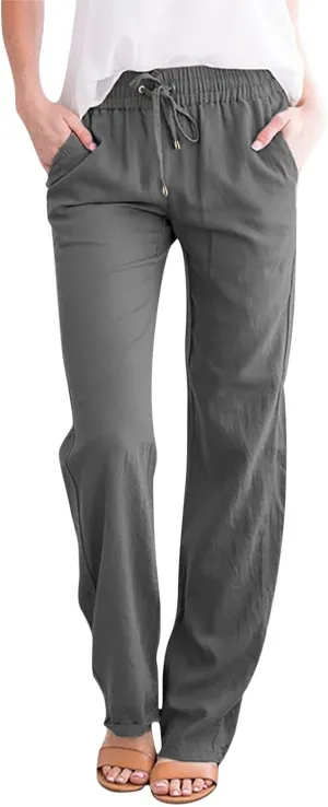 Womens Wide Leg Trousers Yoga Pants for Women Linen Flowy Beach Pants Casual Dressy Cotton Drawstring Pants Summer Outfits