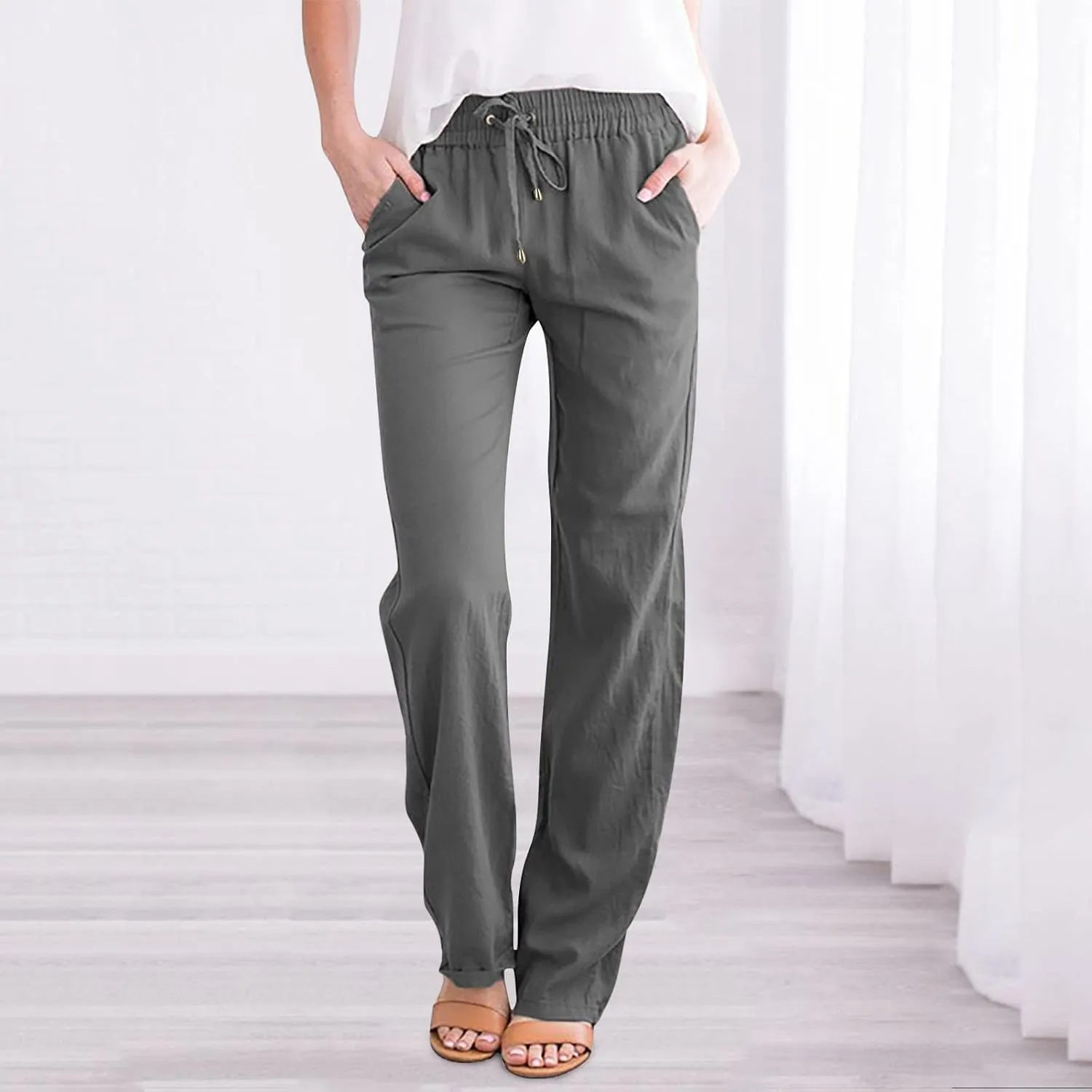 Womens Wide Leg Trousers Yoga Pants for Women Linen Flowy Beach Pants Casual Dressy Cotton Drawstring Pants Summer Outfits