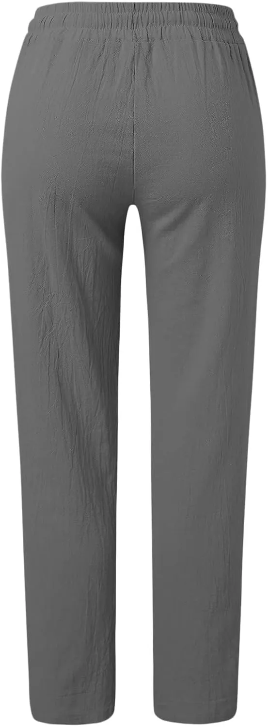 Womens Wide Leg Trousers Yoga Pants for Women Linen Flowy Beach Pants Casual Dressy Cotton Drawstring Pants Summer Outfits