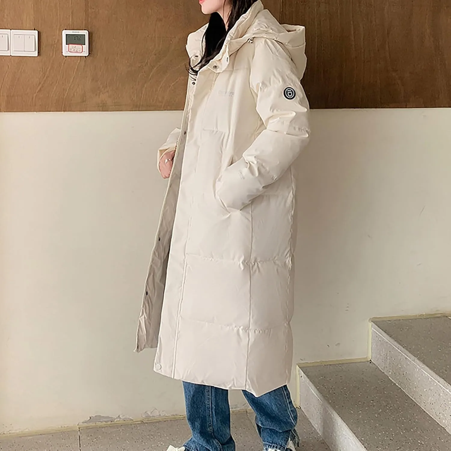 Women's Winter Over Knee Hooded Maxi Long Puffer Down Coat Long Winter Coats Zip Up Padded Coat Maxi Length Outerwear