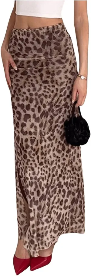 Women's Y2K Leopard Print Skirts Ruched Side Slit Maxi Skirt Mesh Sheer High Waisted Long Skirt Cheetah Bodycon Skirt