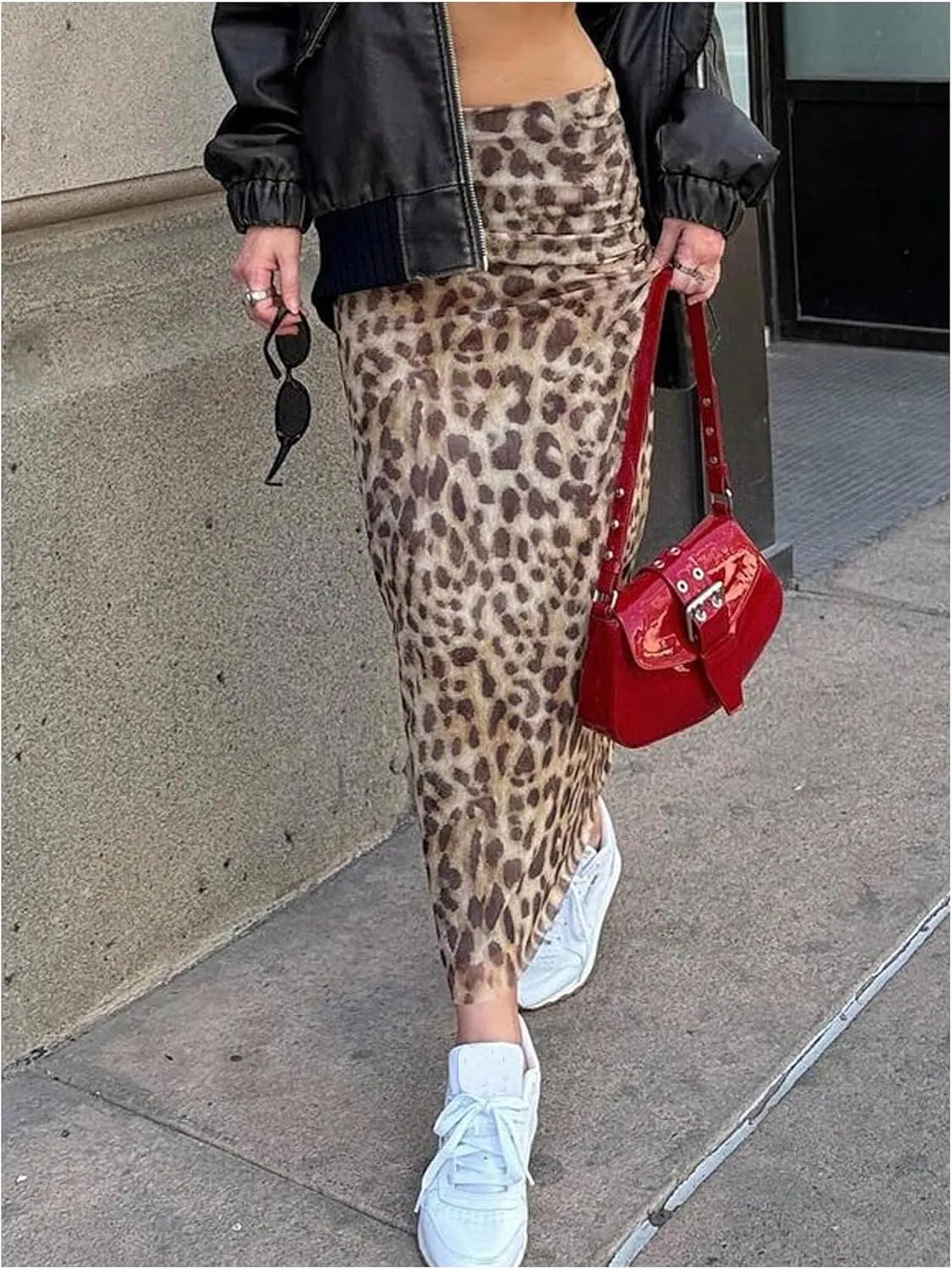 Women's Y2K Leopard Print Skirts Ruched Side Slit Maxi Skirt Mesh Sheer High Waisted Long Skirt Cheetah Bodycon Skirt